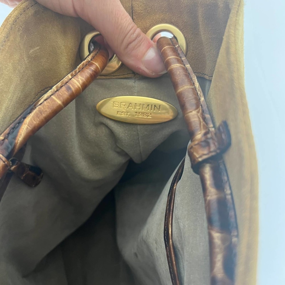 Brahmin Mustard Suede Tote with Brown Trim - Picture 4 of 5